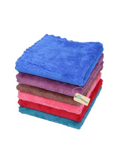 High absorbency microfiber cleaning cloth bundle in blue, purple, brown, pink, red, and teal colors
